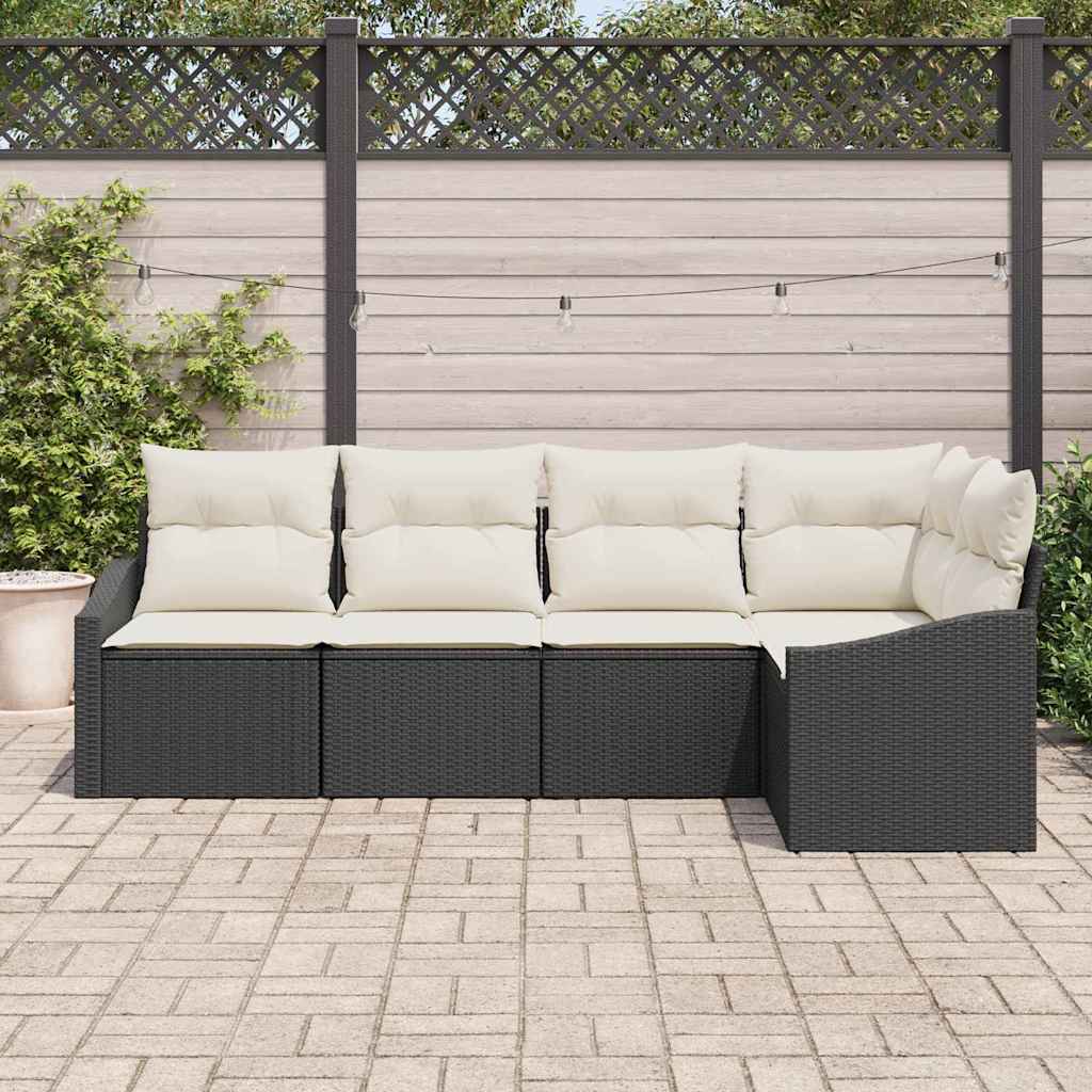 Havesofa Sæt med pude 5 pcs Sort og Hvid polyrattan