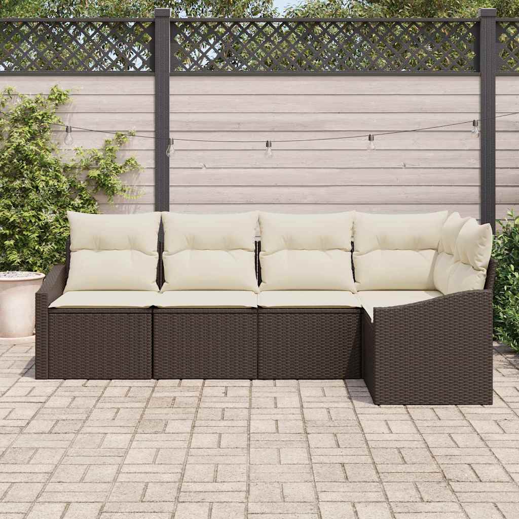 Havesofa Sæt med pude 5 pcs Brun og hvid polyrattan