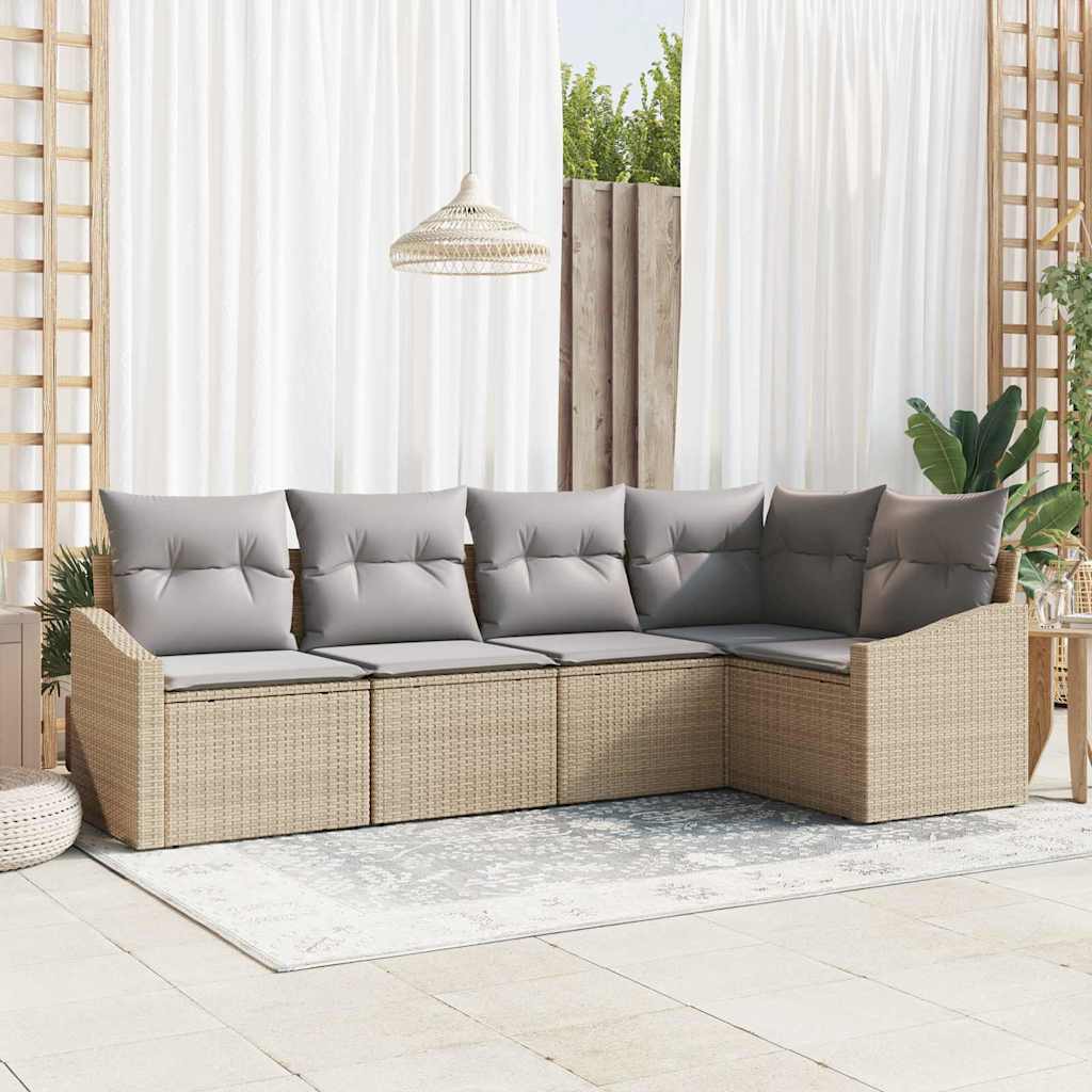 Havesofa Sæt med pude 5 pcs Beige og lys grå polyrattan
