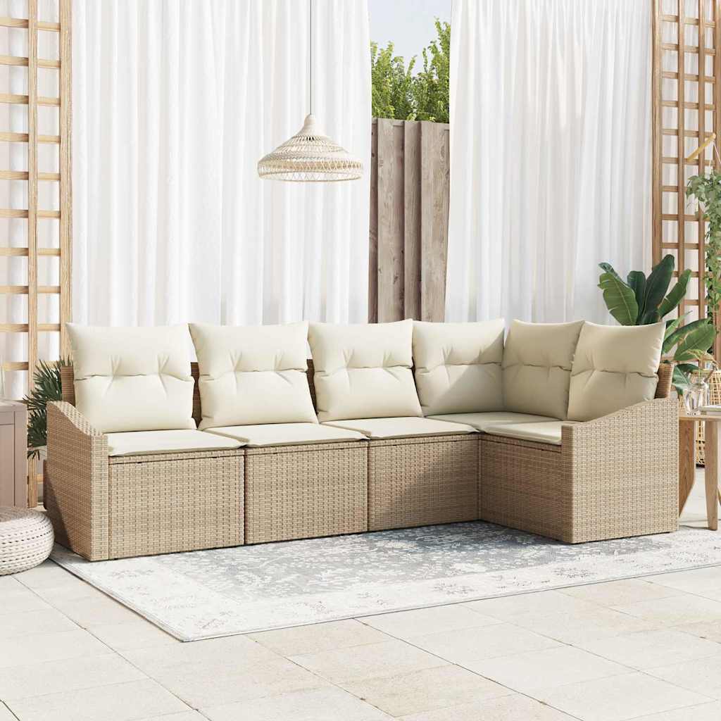 Havesofa Sæt med pude 5 pcs Beige og hvid polyrattan