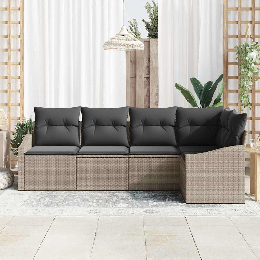 Havesofa Sæt med pude med opbevaring 5 pcs Lysegrå polyrattan