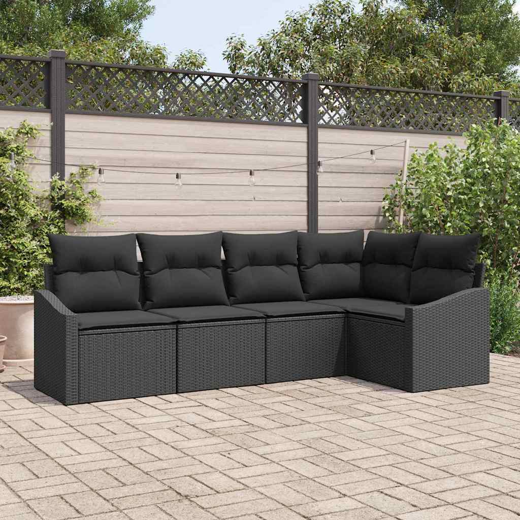 Havesofa Sæt med pude med opbevaring 5 pcs Sort polyrattan