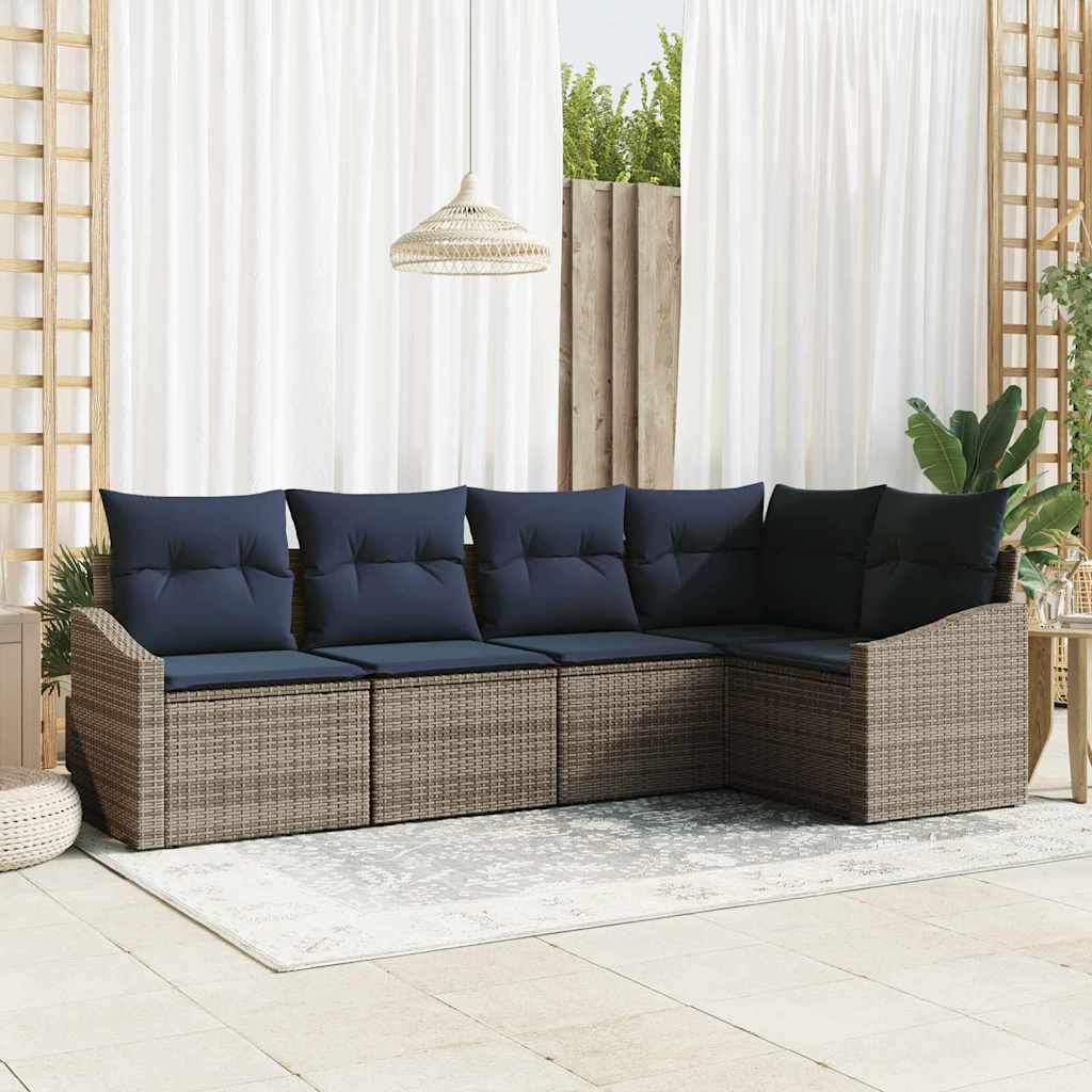 Havesofa Sæt med pude 5 pcs Grå og Marineblå polyrattan