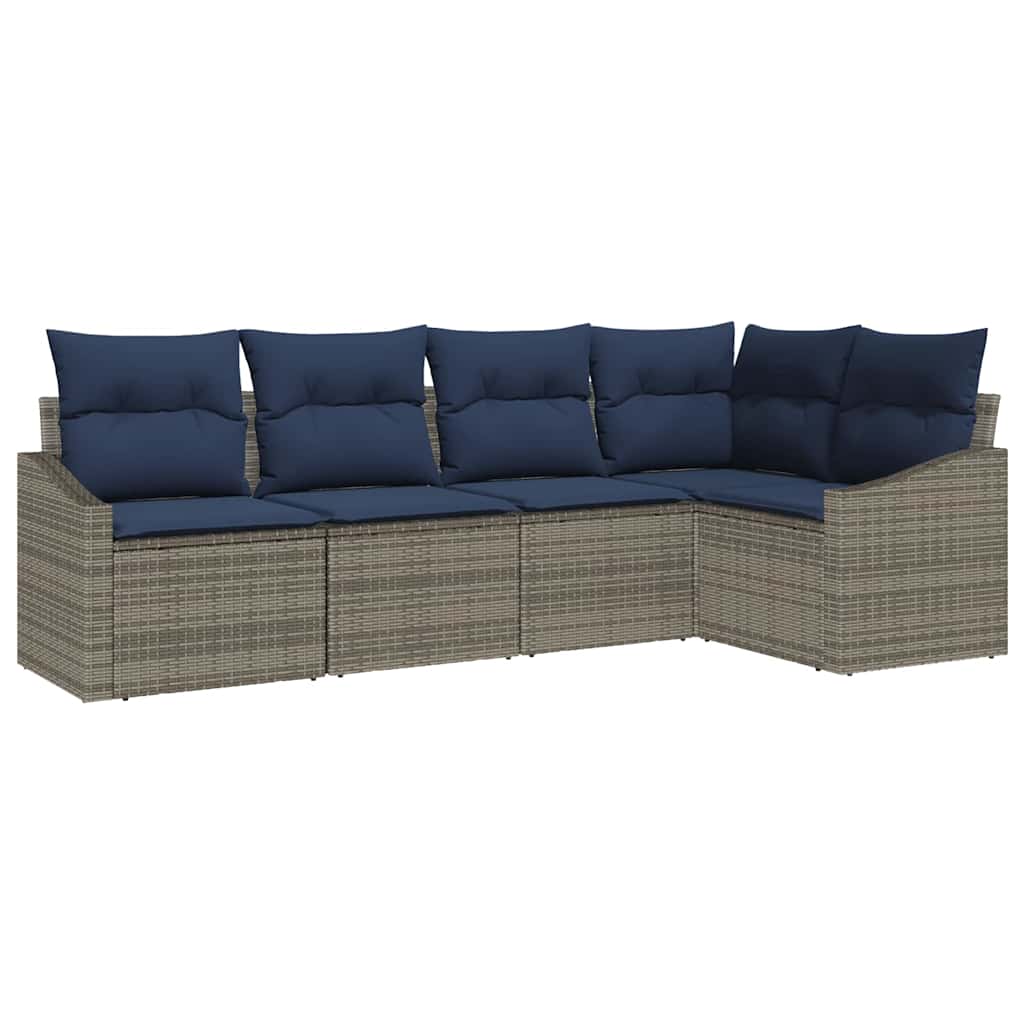 Havesofa Sæt med pude 5 pcs Grå og Marineblå polyrattan