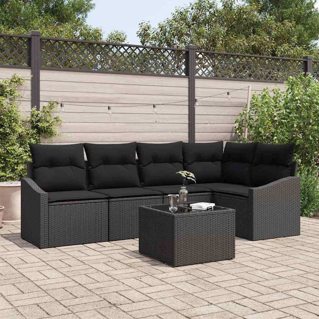 Havesofa Sæt med pude med opbevaring 6 pcs Sort polyrattan