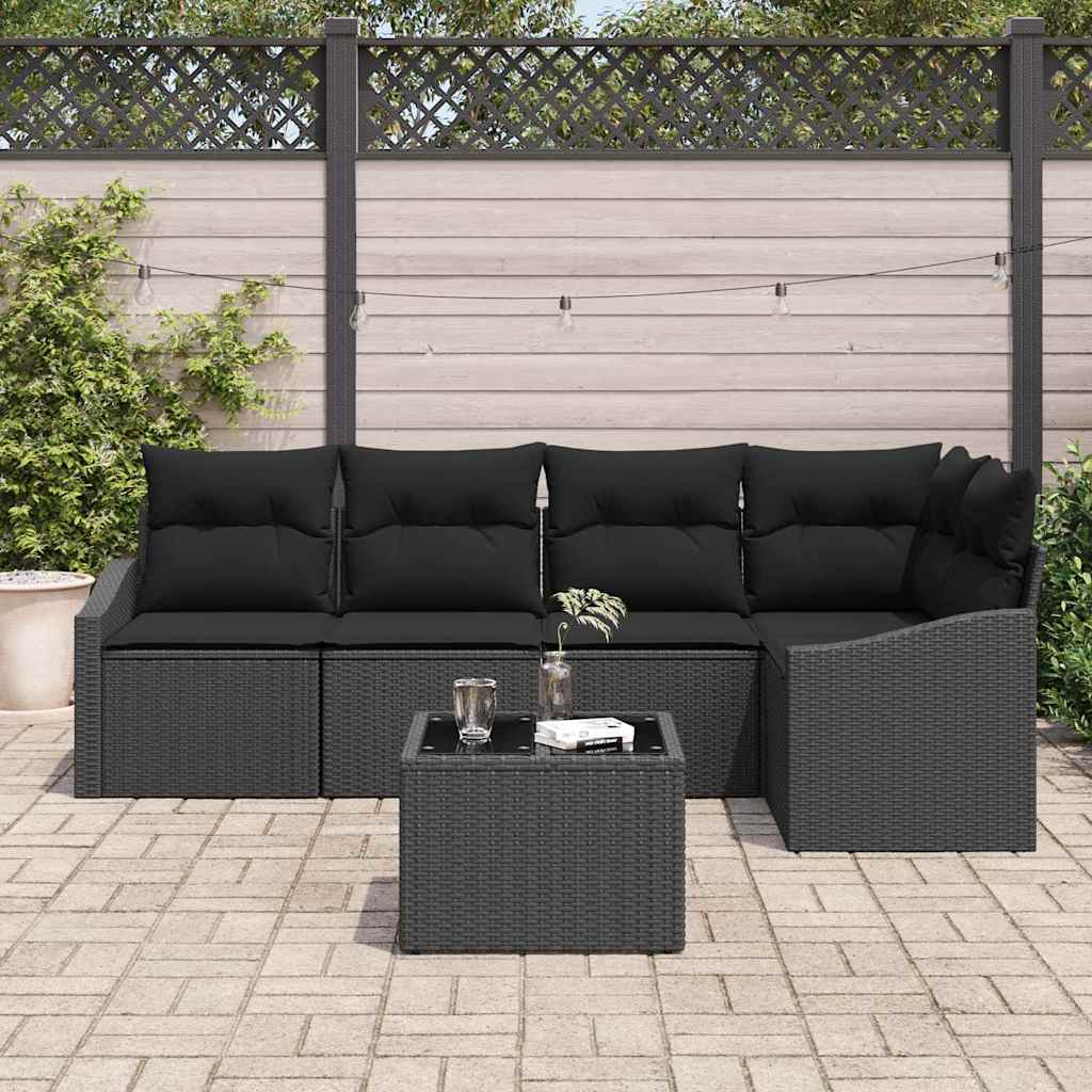 Havesofa Sæt med pude med opbevaring 6 pcs Sort polyrattan