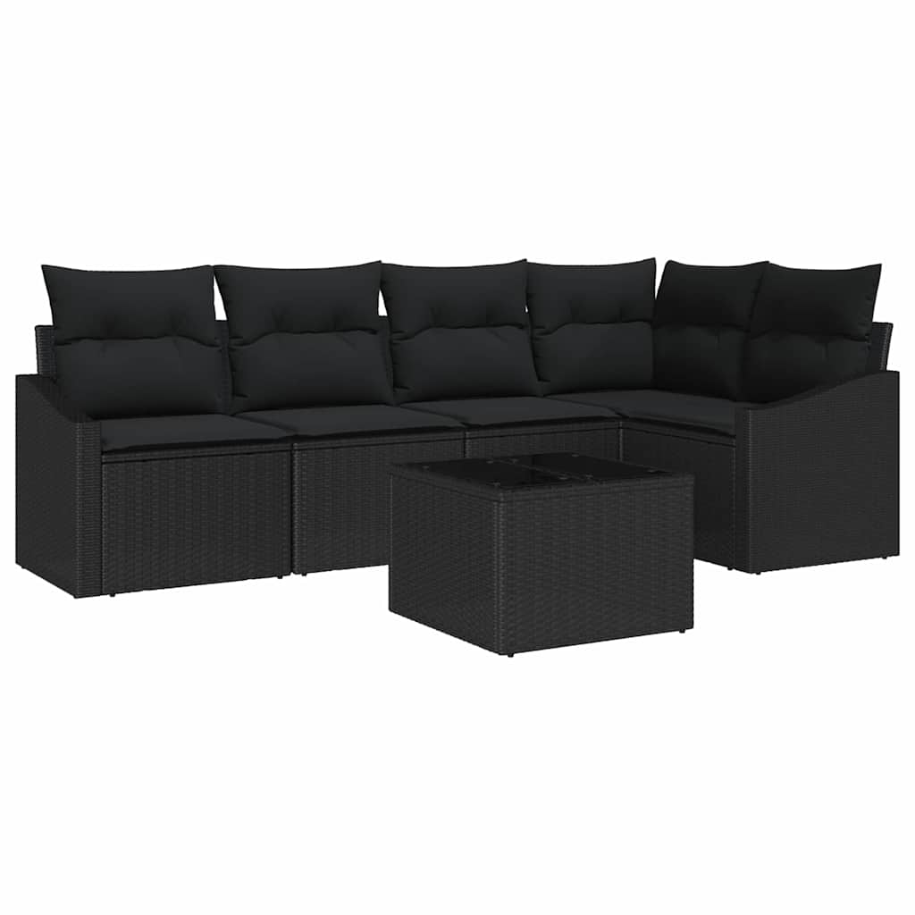 Havesofa Sæt med pude med opbevaring 6 pcs Sort polyrattan