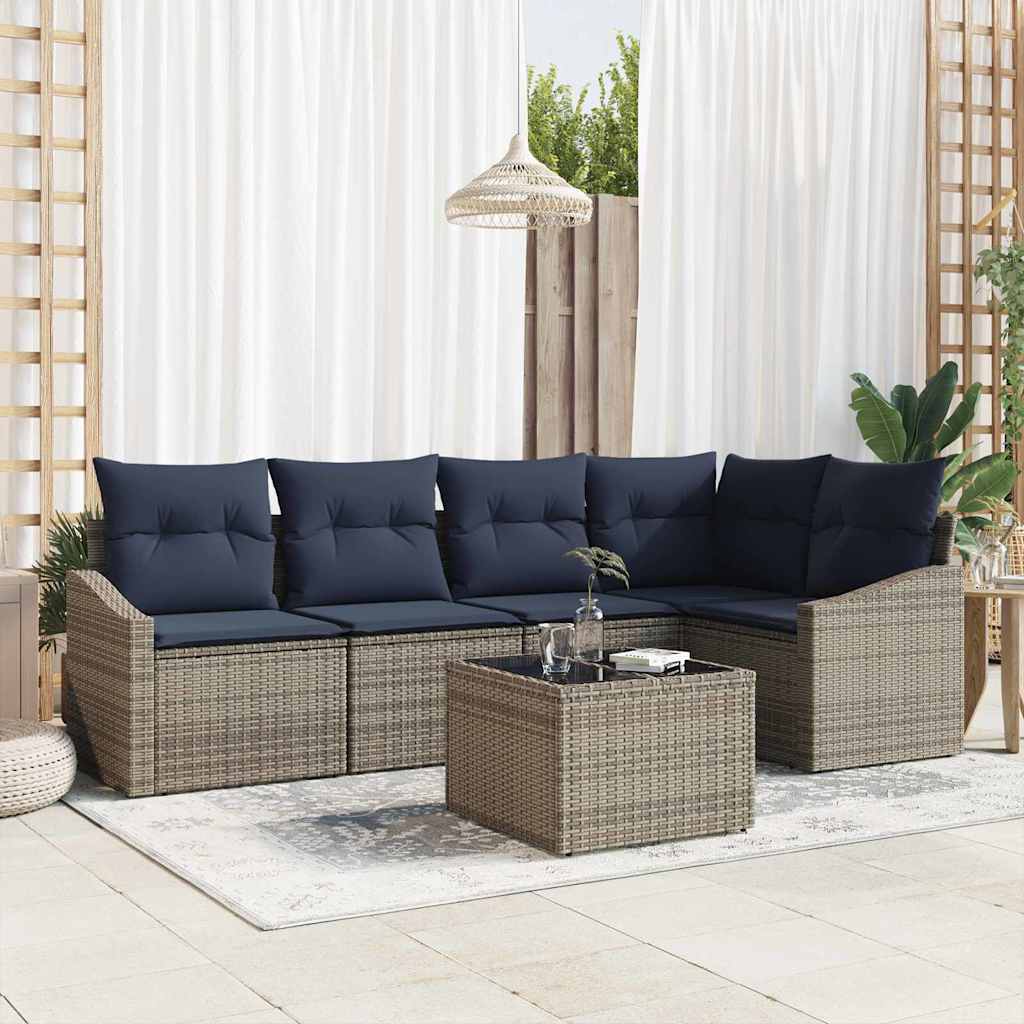 Havesofa Sæt med pude 6 pcs Grå og Marineblå polyrattan