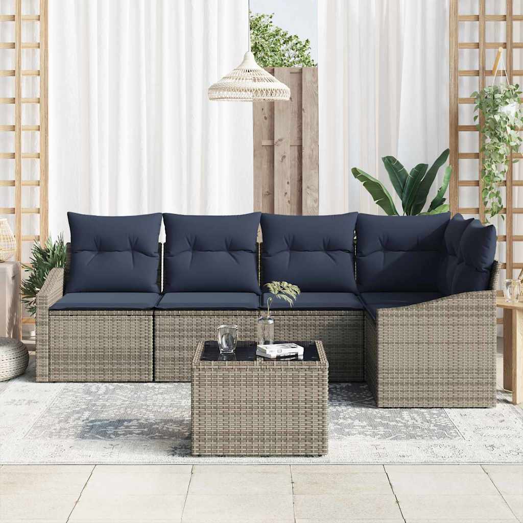 Havesofa Sæt med pude 6 pcs Grå og Marineblå polyrattan