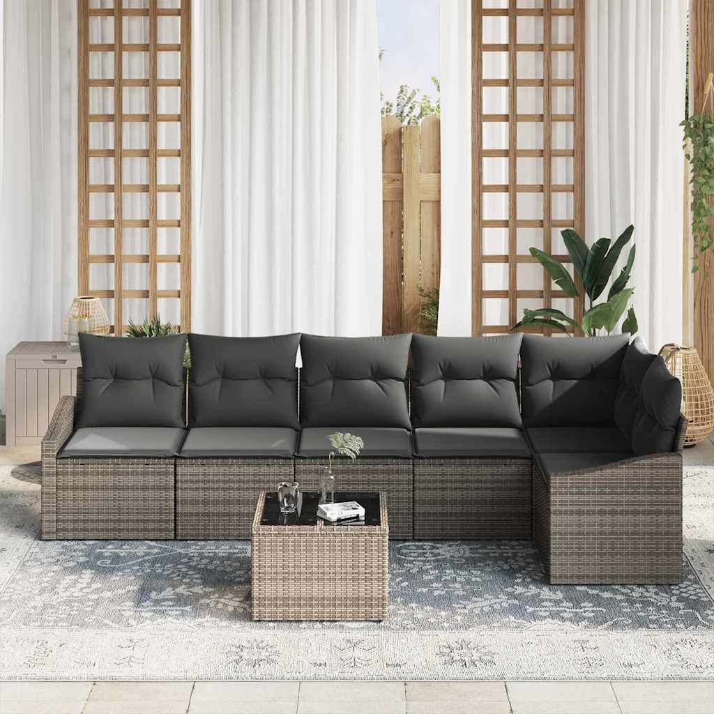 Havesofa Sæt med pude med opbevaring 7 pcs Lysegrå polyrattan