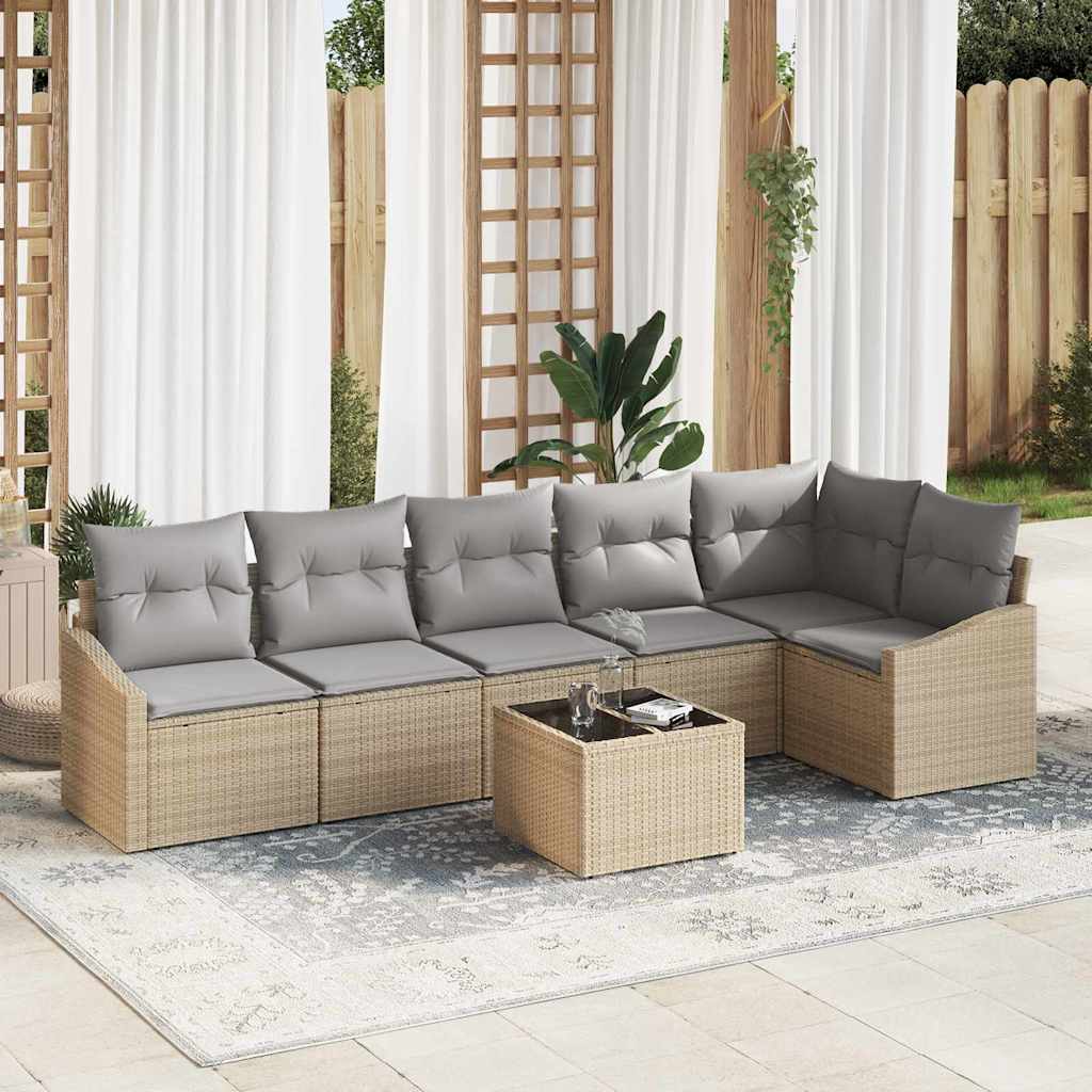 Havesofa Sæt med pude 7 pcs Beige og lys grå polyrattan