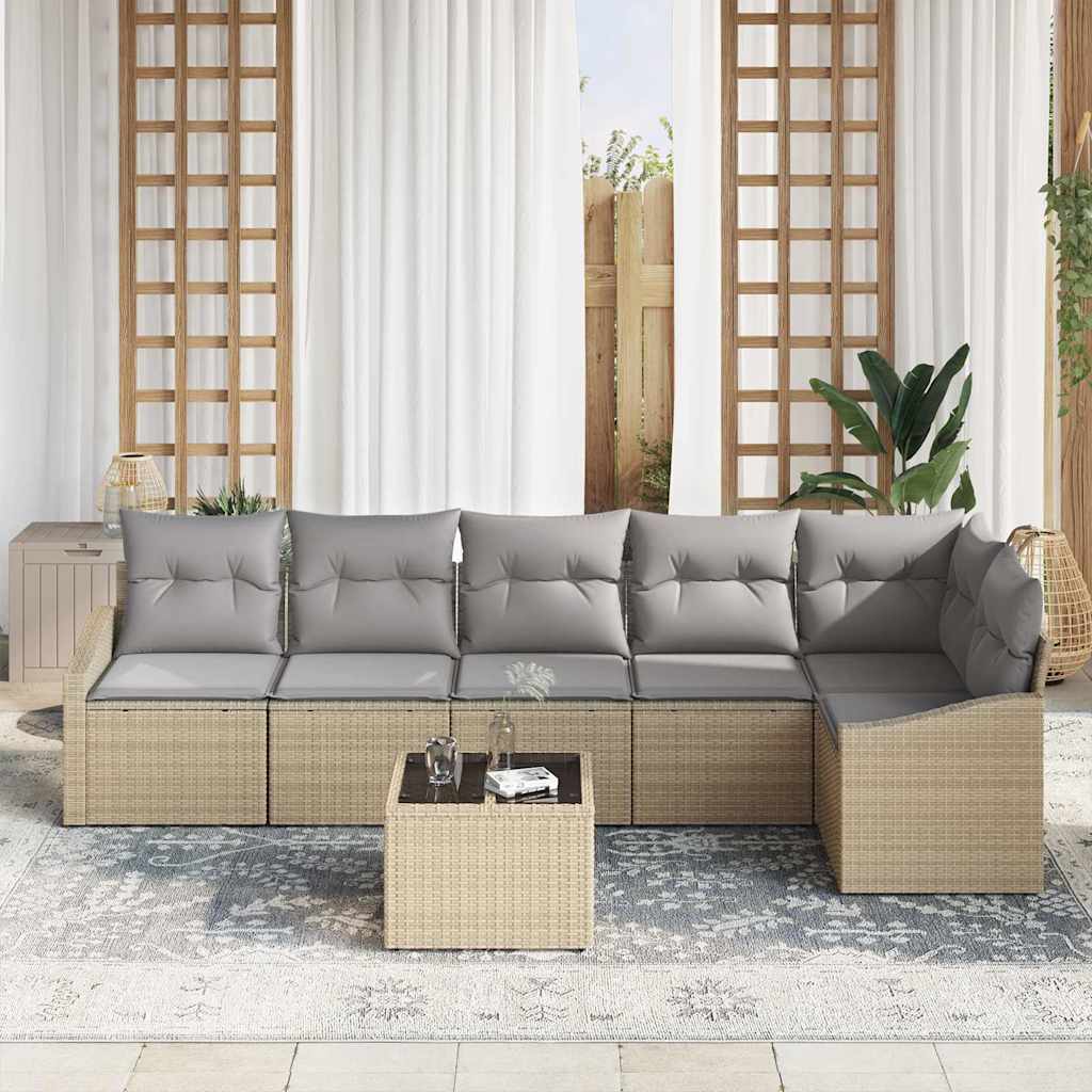 Havesofa Sæt med pude 7 pcs Beige og lys grå polyrattan