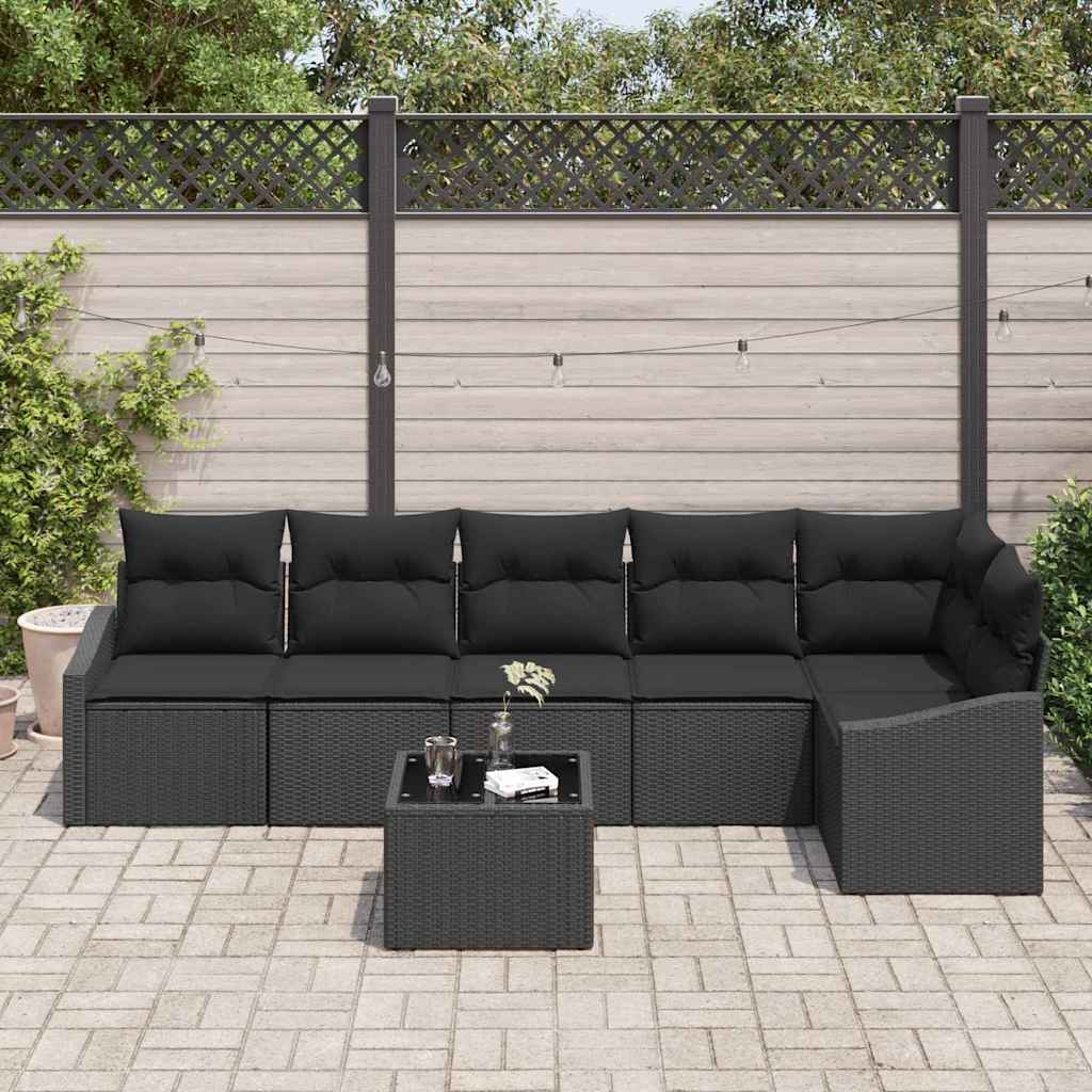 Havesofa Sæt med pude med opbevaring 7 pcs Sort polyrattan