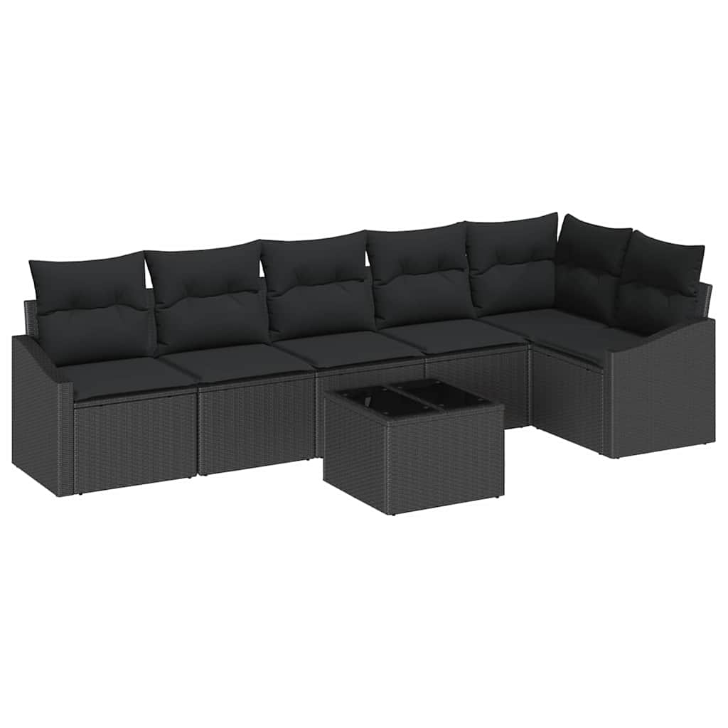 Havesofa Sæt med pude med opbevaring 7 pcs Sort polyrattan