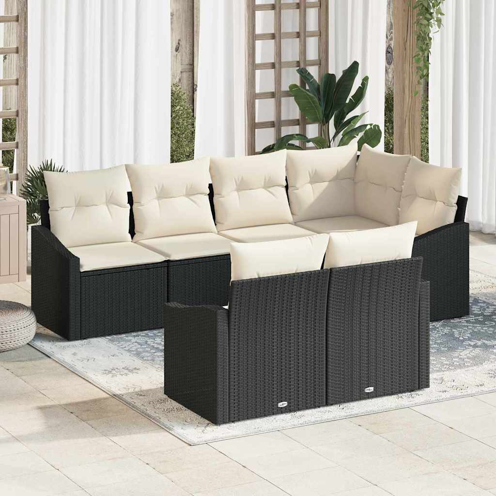 Havesofa Sæt med pude 7 pcs Sort og Hvid polyrattan