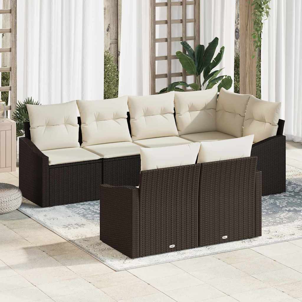 Havesofa Sæt med pude 7 pcs Brun og hvid polyrattan