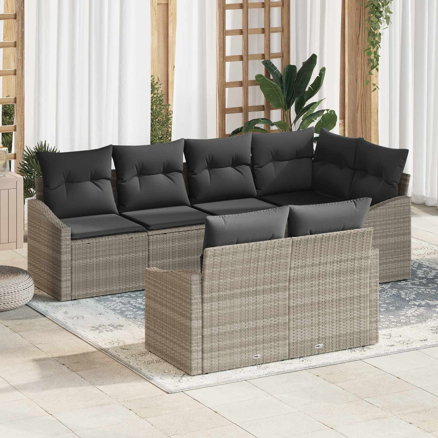 Havesofa Sæt med pude med opbevaring 7 pcs Lysegrå polyrattan