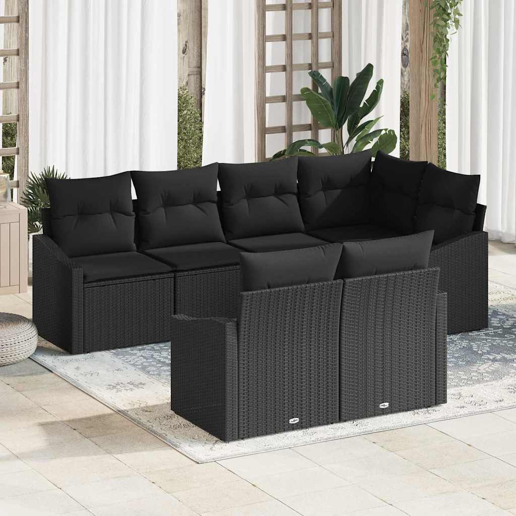 Havesofa Sæt med pude med opbevaring 7 pcs Sort polyrattan