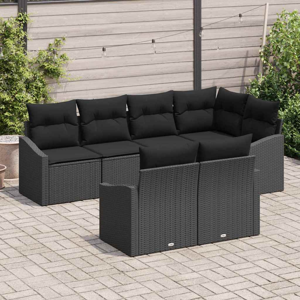 Havesofa Sæt med pude med opbevaring 7 pcs Sort polyrattan