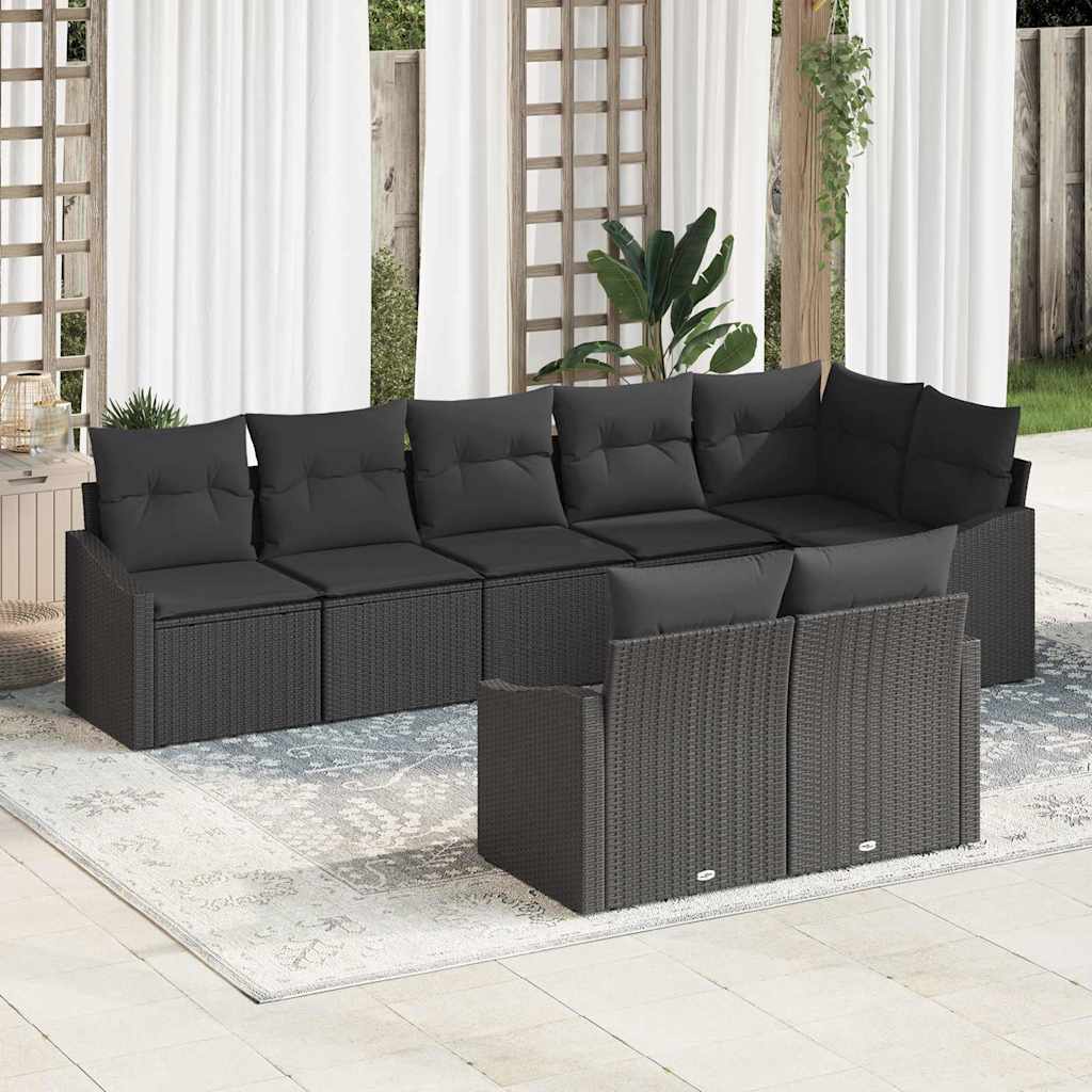 Havesofa Sæt med pude med opbevaring 8 pcs Sort polyrattan