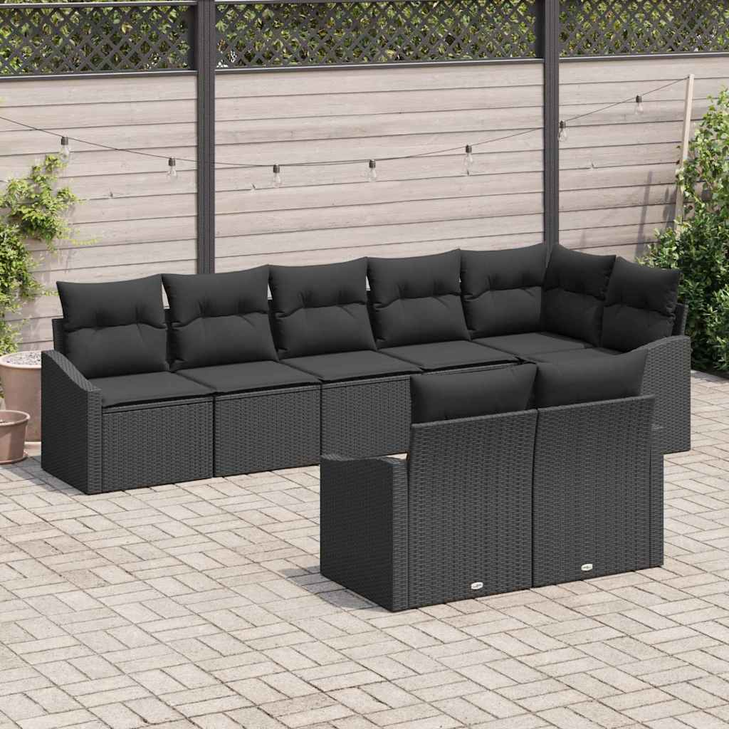 Havesofa Sæt med pude med opbevaring 8 pcs Sort polyrattan