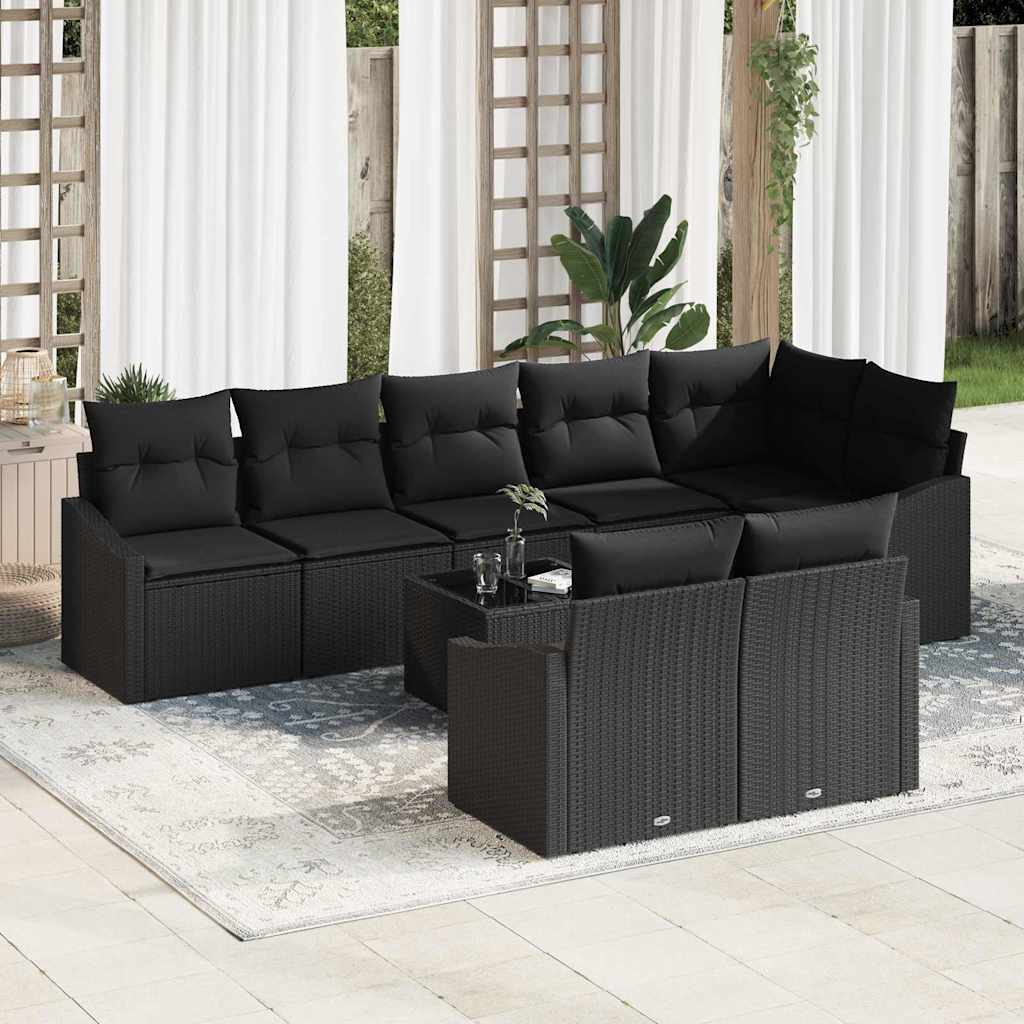 Havesofa Sæt med pude med opbevaring 9 pcs Sort polyrattan