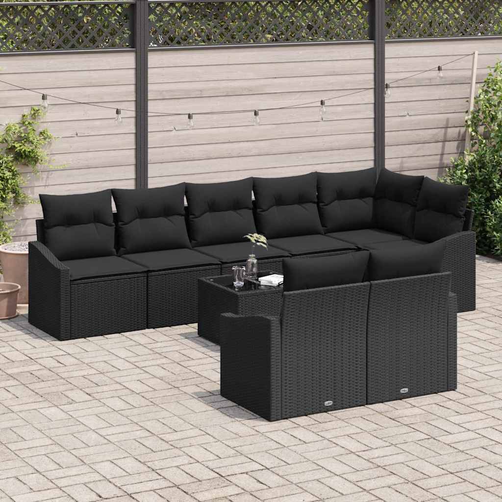 Havesofa Sæt med pude med opbevaring 9 pcs Sort polyrattan
