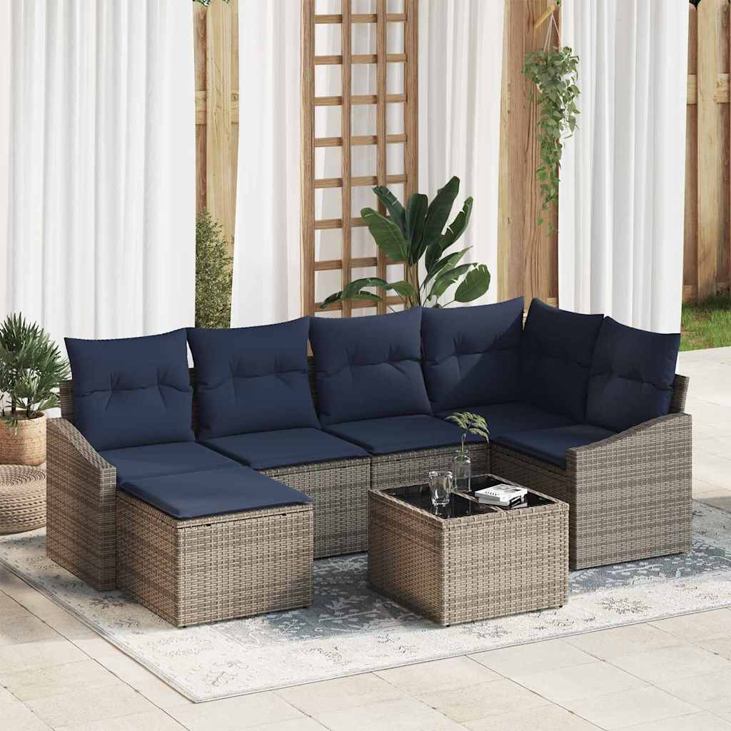 Sofa Sæt med pude 7 pcs Grå og Marineblå polyrattan