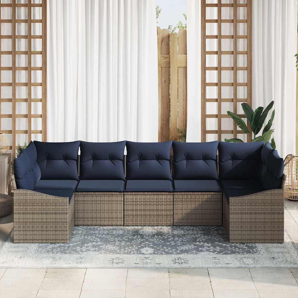 Havesofa Sæt med opbevaring 7 pcs Grå og Marineblå polyrattan