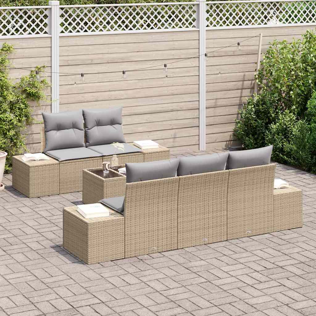 Havesofa Sæt med pude 6 pcs Beige og grå polyrattan