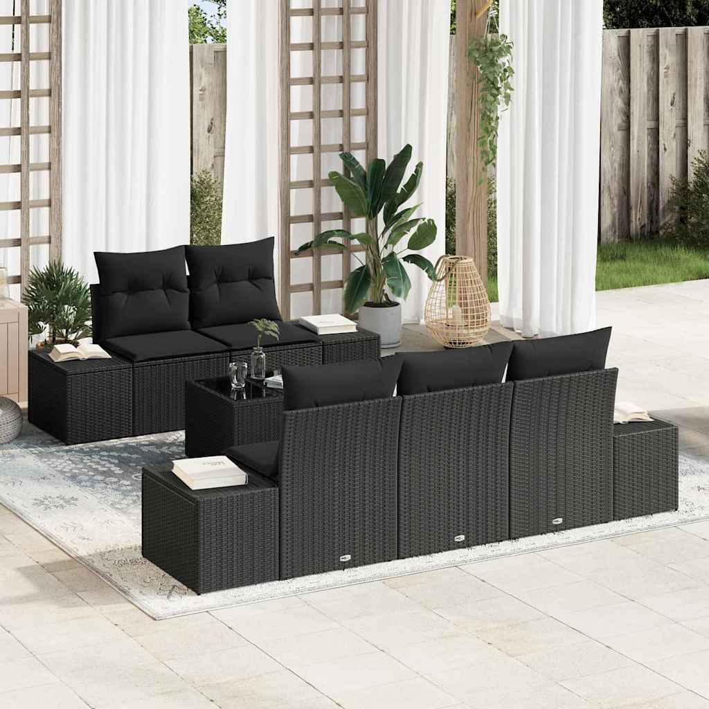 Havesofa Sæt med pude med opbevaring 6 pcs Sort polyrattan