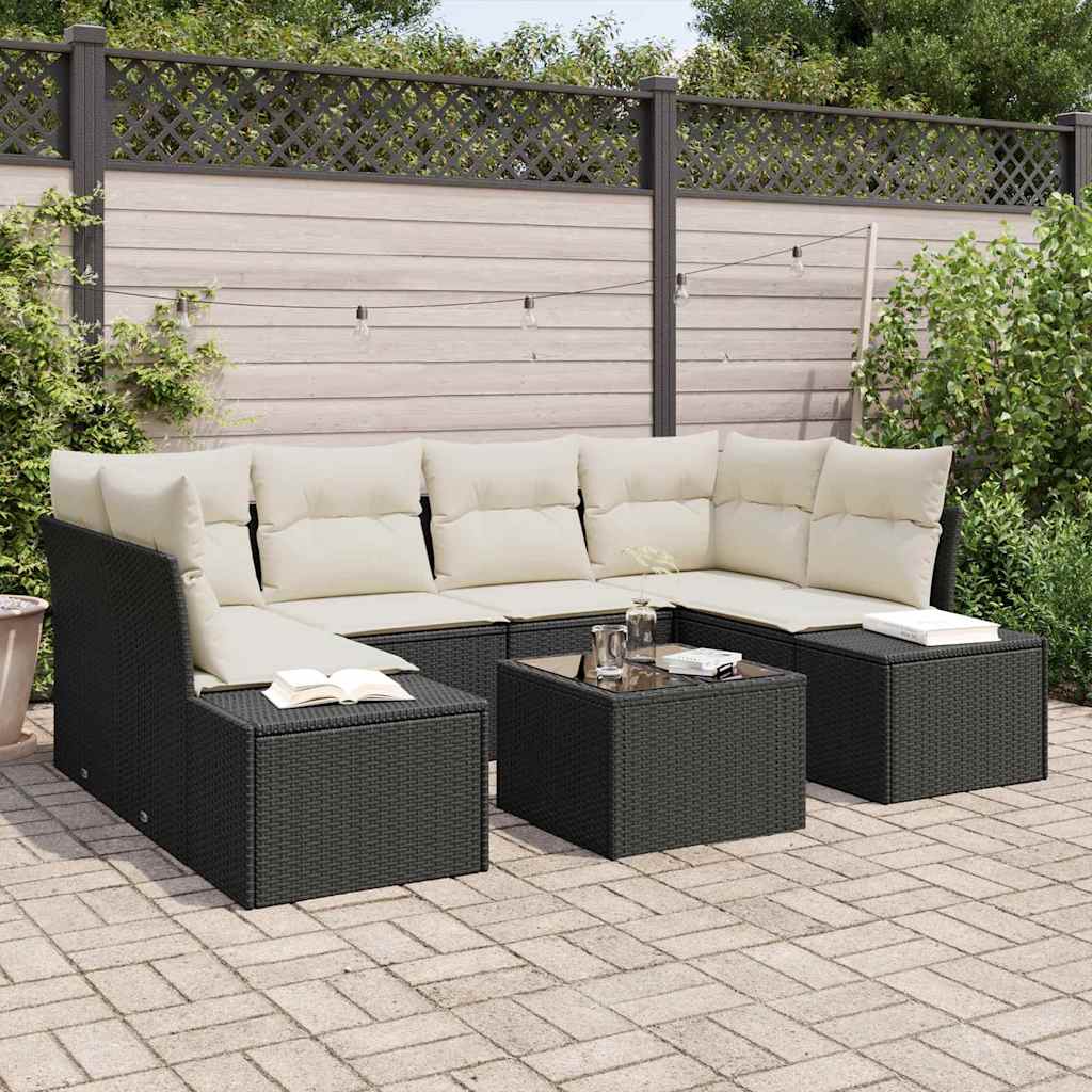 Havesofa Sæt med pude 8 pcs Sort og Cream polyrattan