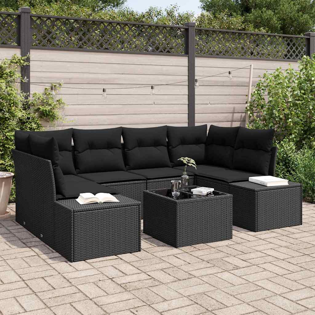Havesofa Sæt med pude med opbevaring 8 pcs Sort polyrattan