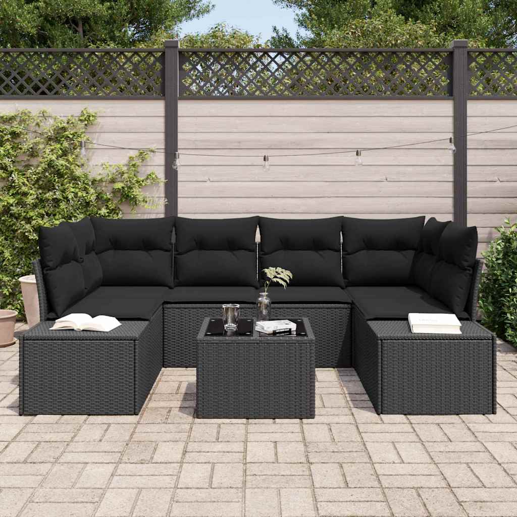 Havesofa Sæt med pude med opbevaring 8 pcs Sort polyrattan