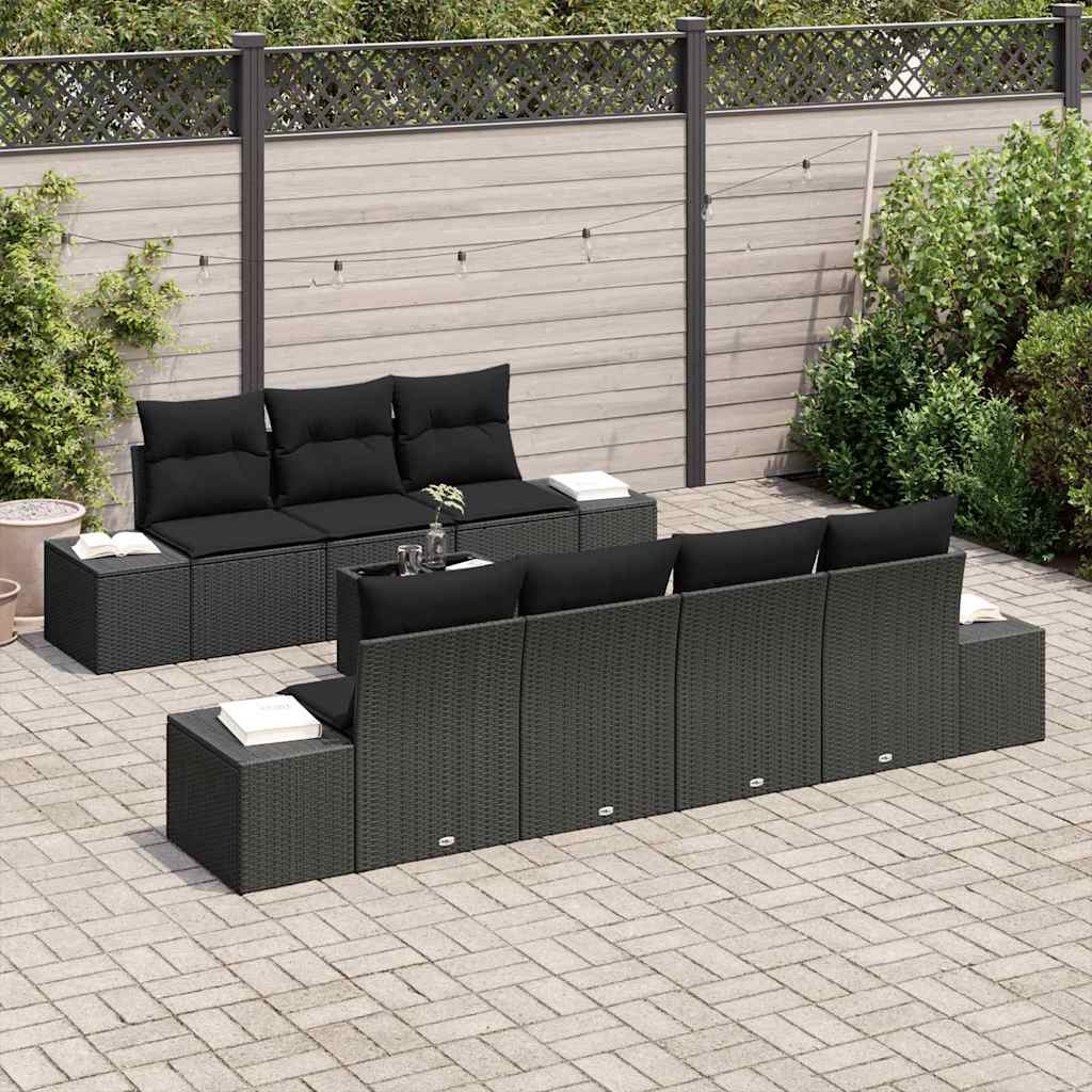 Havesofa Sæt med pude med opbevaring 8 pcs Sort polyrattan
