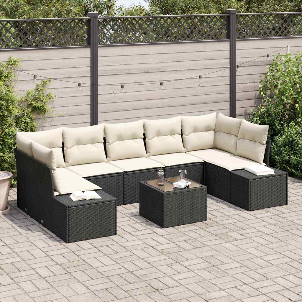 Havesofa Sæt med pude 8 pcs Sort og Cream polyrattan