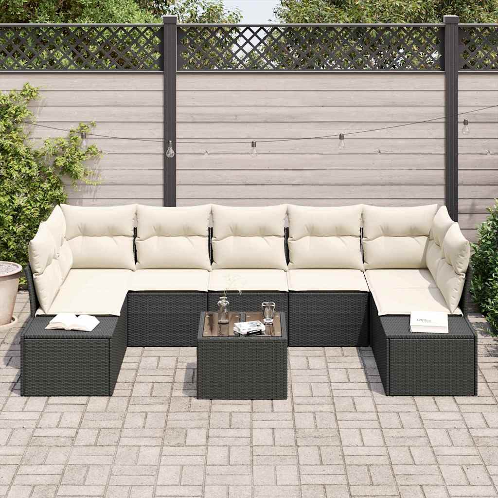 Havesofa Sæt med pude 8 pcs Sort og Cream polyrattan