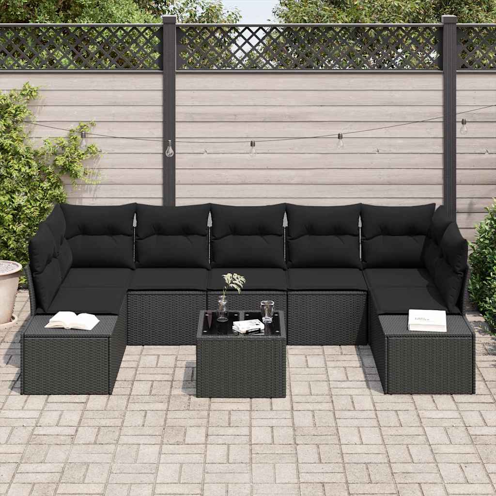 Havesofa Sæt med pude med opbevaring 8 pcs Sort polyrattan
