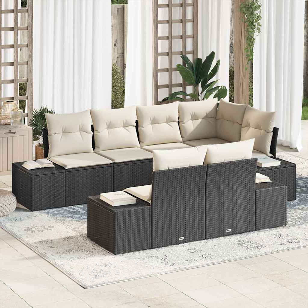 Havesofa Sæt med opbevaring 7 pcs Sort og Cream polyrattan