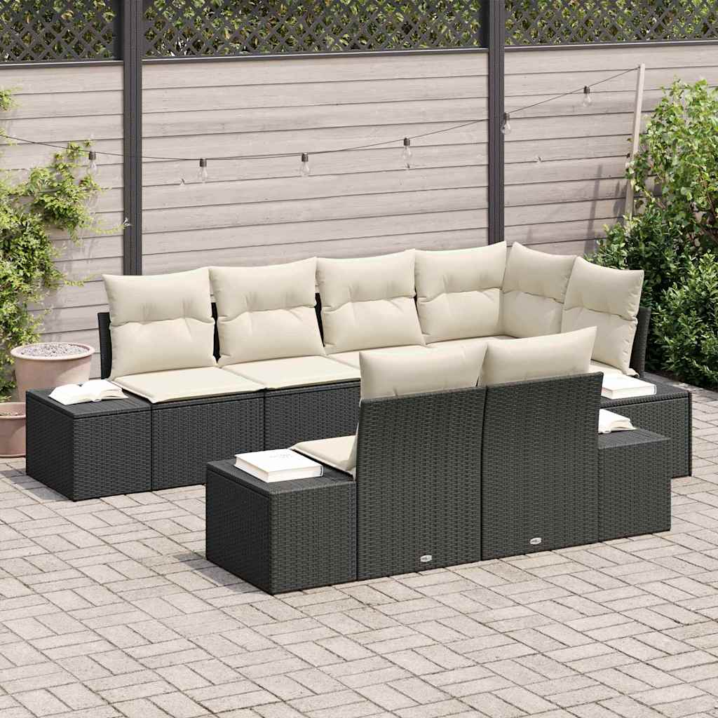 Havesofa Sæt med opbevaring 7 pcs Sort og Cream polyrattan