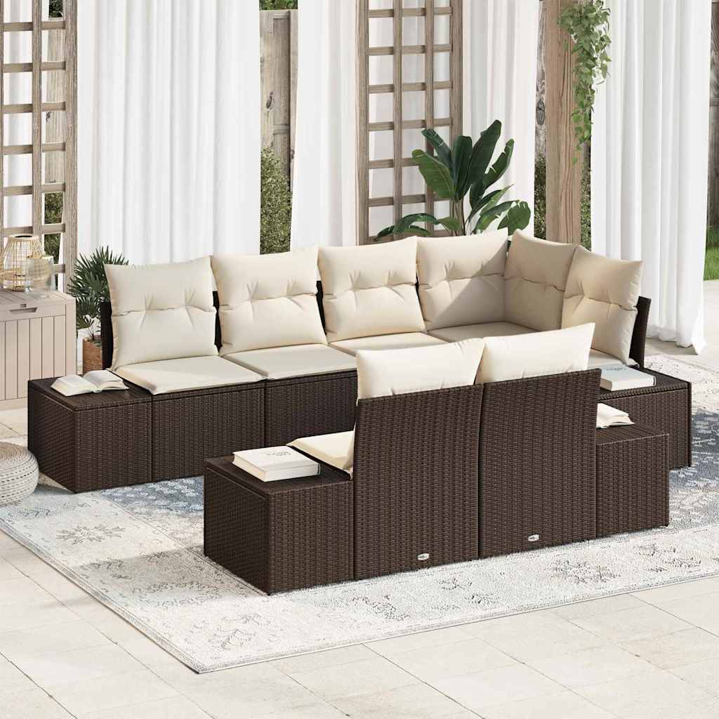 Havesofa Sæt med opbevaring 7 pcs Brun og Creme polyrattan