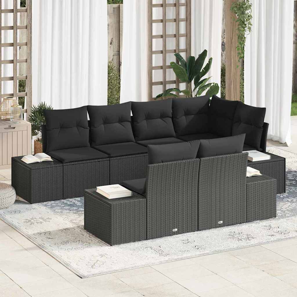 Havesofa Sæt med opbevaring 7 pcs Sort polyrattan