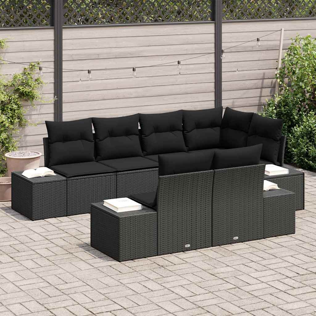 Havesofa Sæt med opbevaring 7 pcs Sort polyrattan
