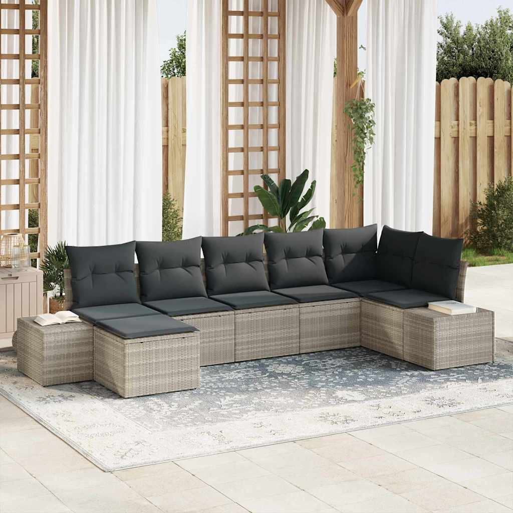 Havesofa Sæt med pude med opbevaring 7 pcs Lysegrå polyrattan