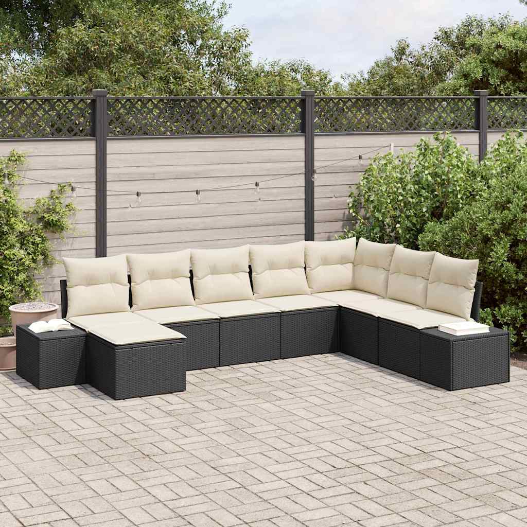 Havesofa Sæt med pude 8 pcs Sort og Cream polyrattan