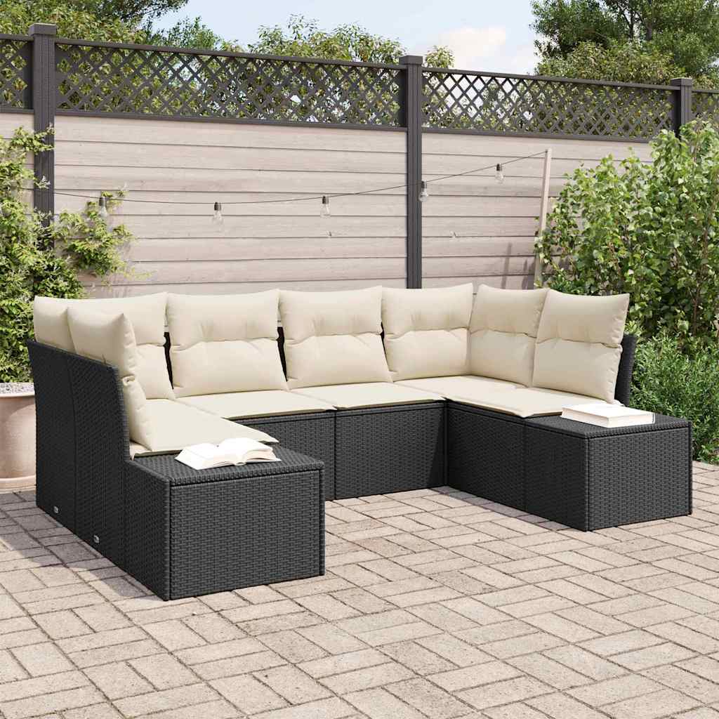 Havesofa Sæt med opbevaring 6 pcs Sort og Cream Poly rattan