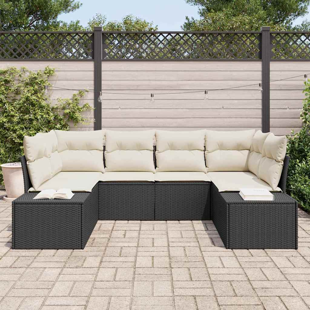 Havesofa Sæt med opbevaring 6 pcs Sort og Cream Poly rattan