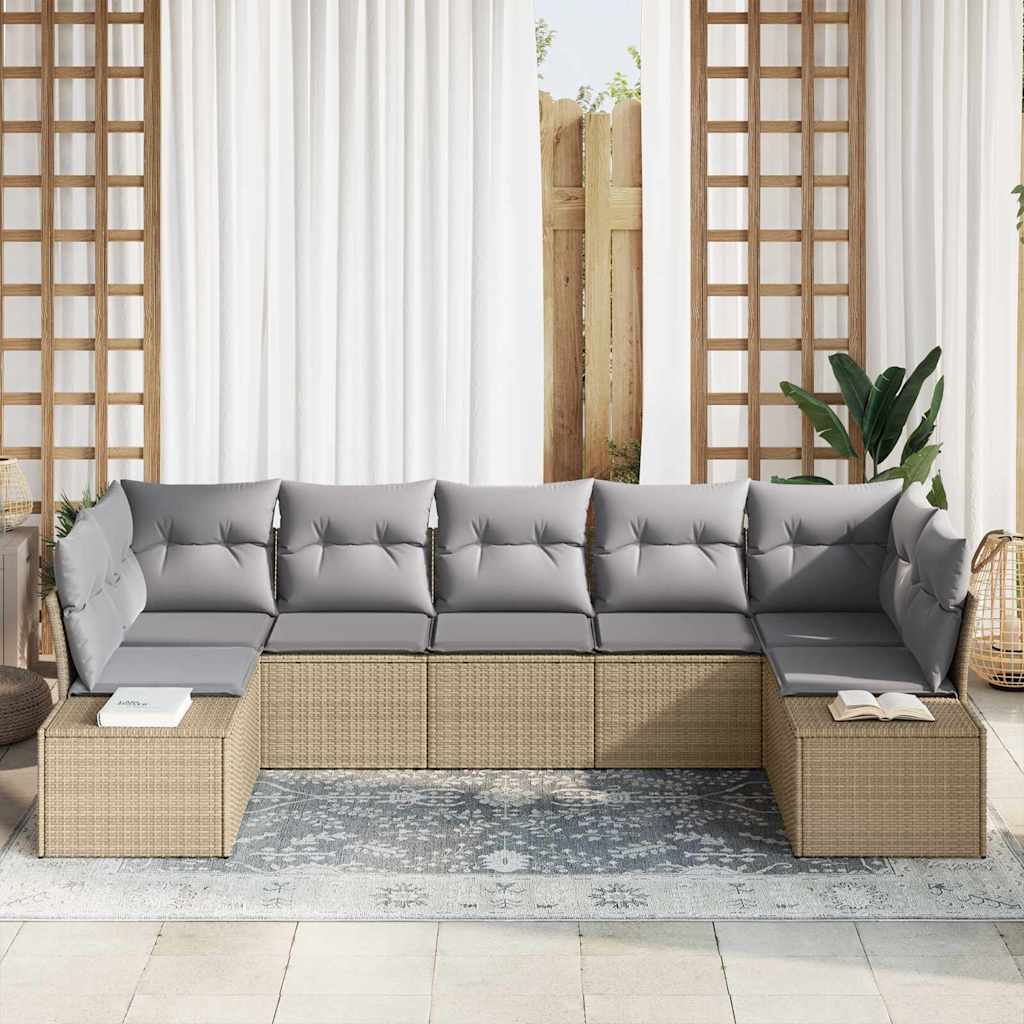 Havesofa Sæt med opbevaring 7 pcs Beige og lys grå Poly rattan