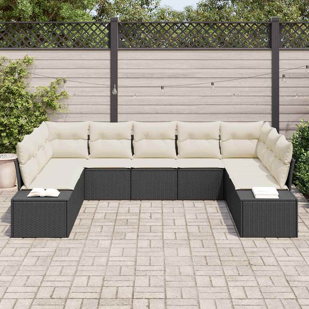 Havesofa Sæt med pude 9 pcs Sort og Cream Polyrattan