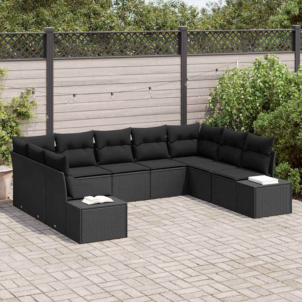 Havesofa Sæt med pude 9 pcs Sort Polyrattan